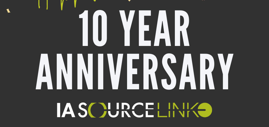 happy 10 year anniversary iasourcelink on black background with confetti