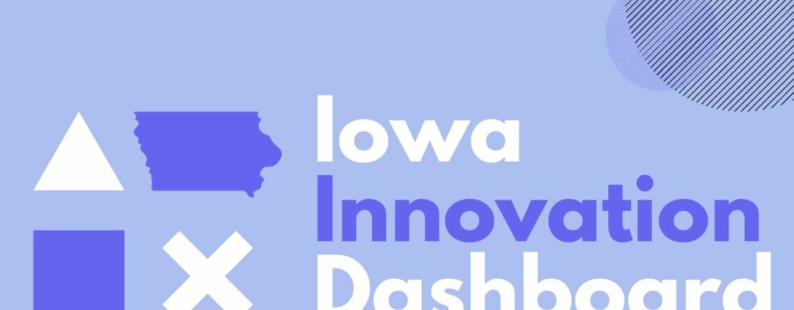 light blue background with small state of Iowa symbol and the words Iowa innovation dashboard