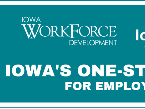 man and woman working in a warehouse with iowa workforce development and IowaWorks logos