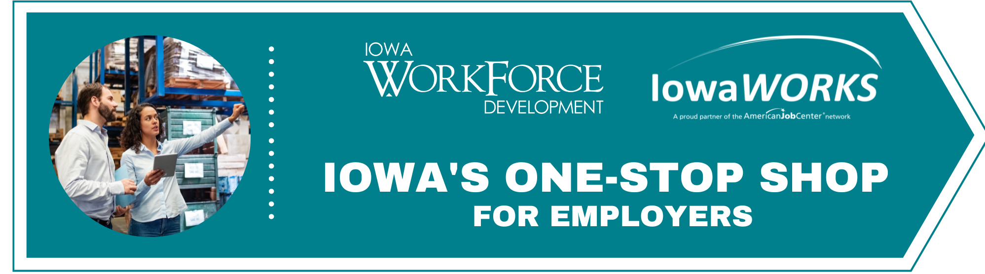 man and woman working in a warehouse with iowa workforce development and IowaWorks logos