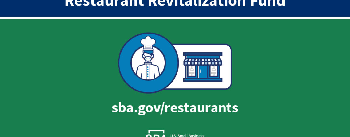 small cartoon chef and front of restaurant with the words restaurant revitalization fund