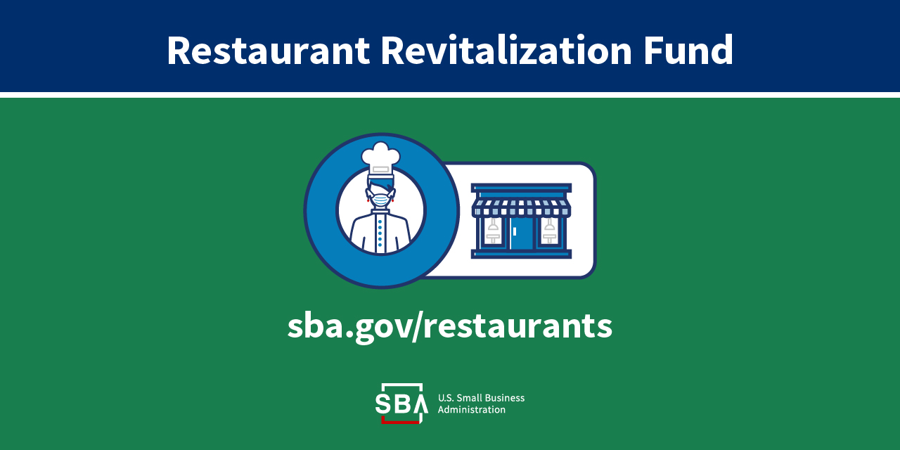 small cartoon chef and front of restaurant with the words restaurant revitalization fund