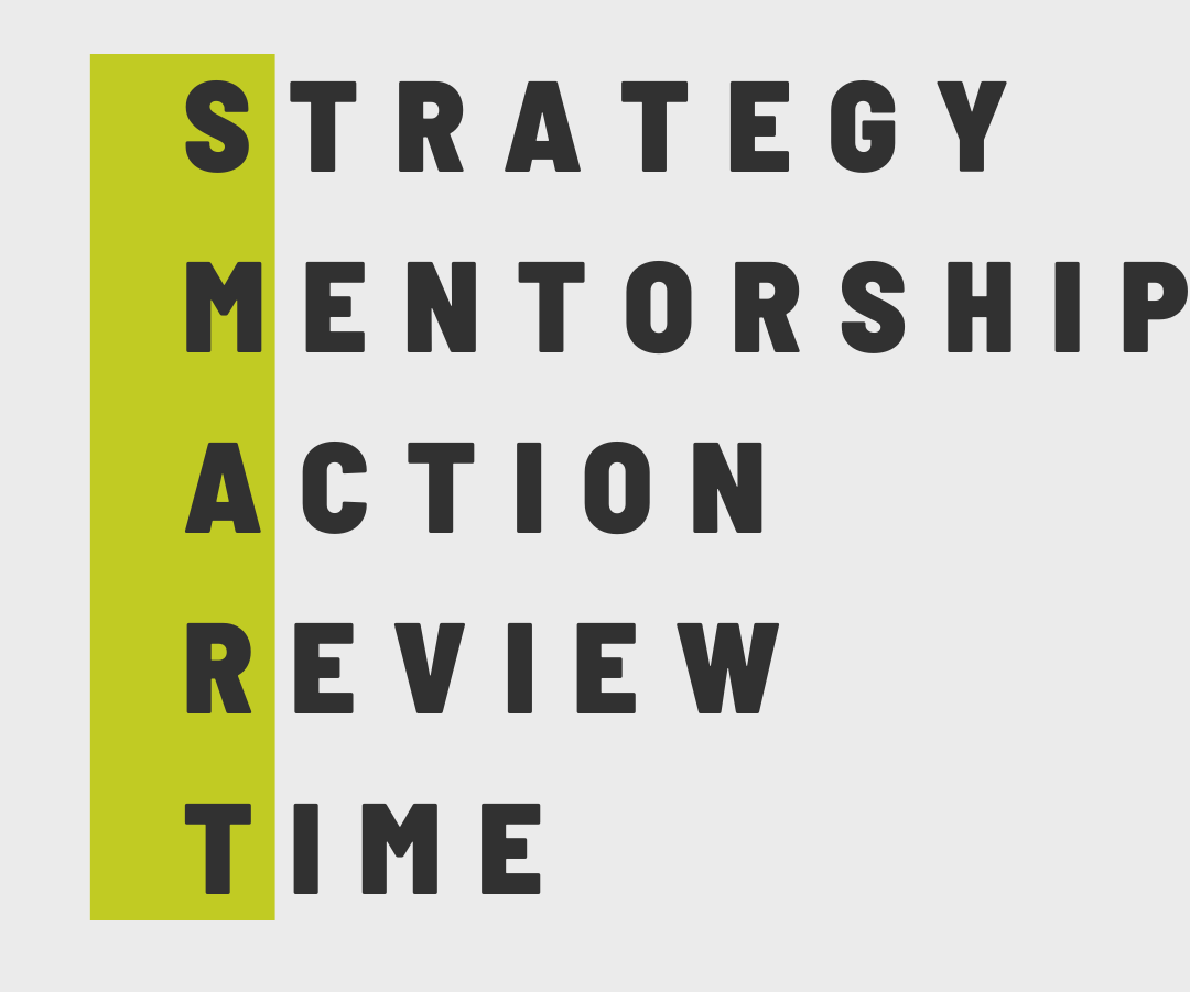 A visual representation of key words: strategy, mentorship, action, review, and time.