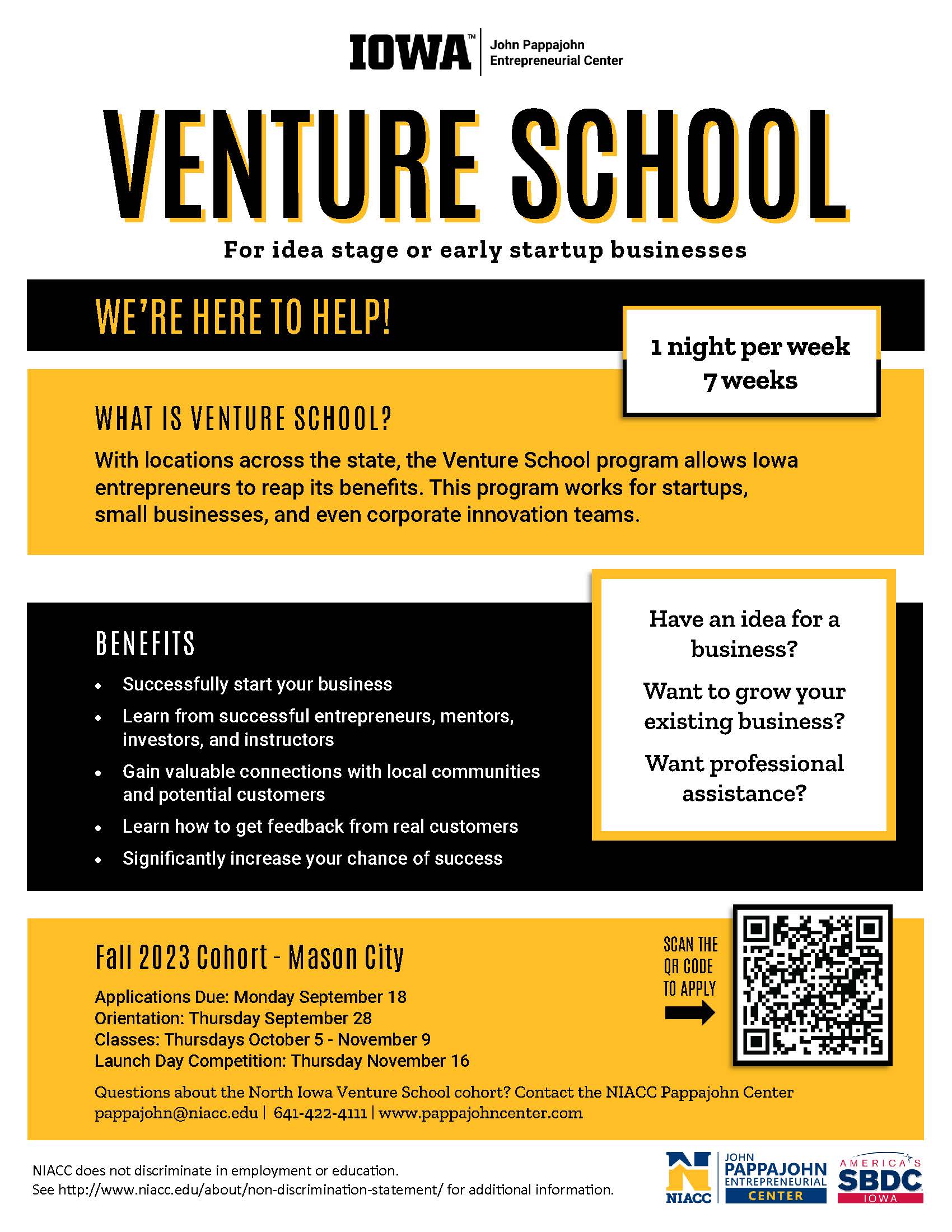 An eye-catching flyer for Iowa Venture School, inviting individuals to join its community of entrepreneurs.